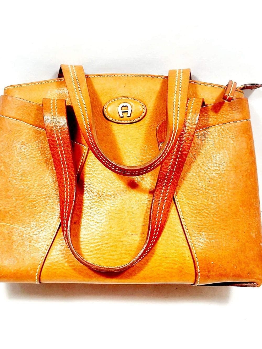 Aigner Structured Tan Leather Satchel with Dual Top Handles